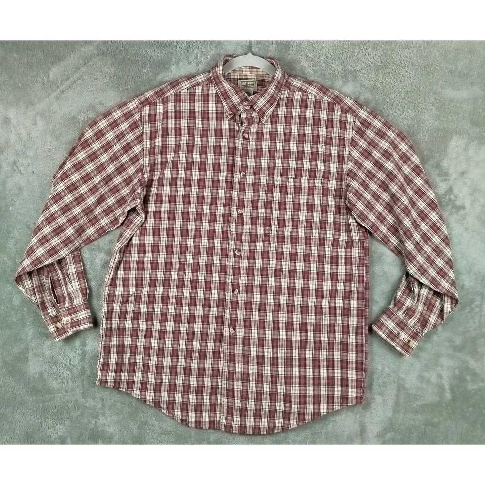 LL Bean Red White Plaid Button Up Shirt Mens Medium Long Sleeve 100% Cotton